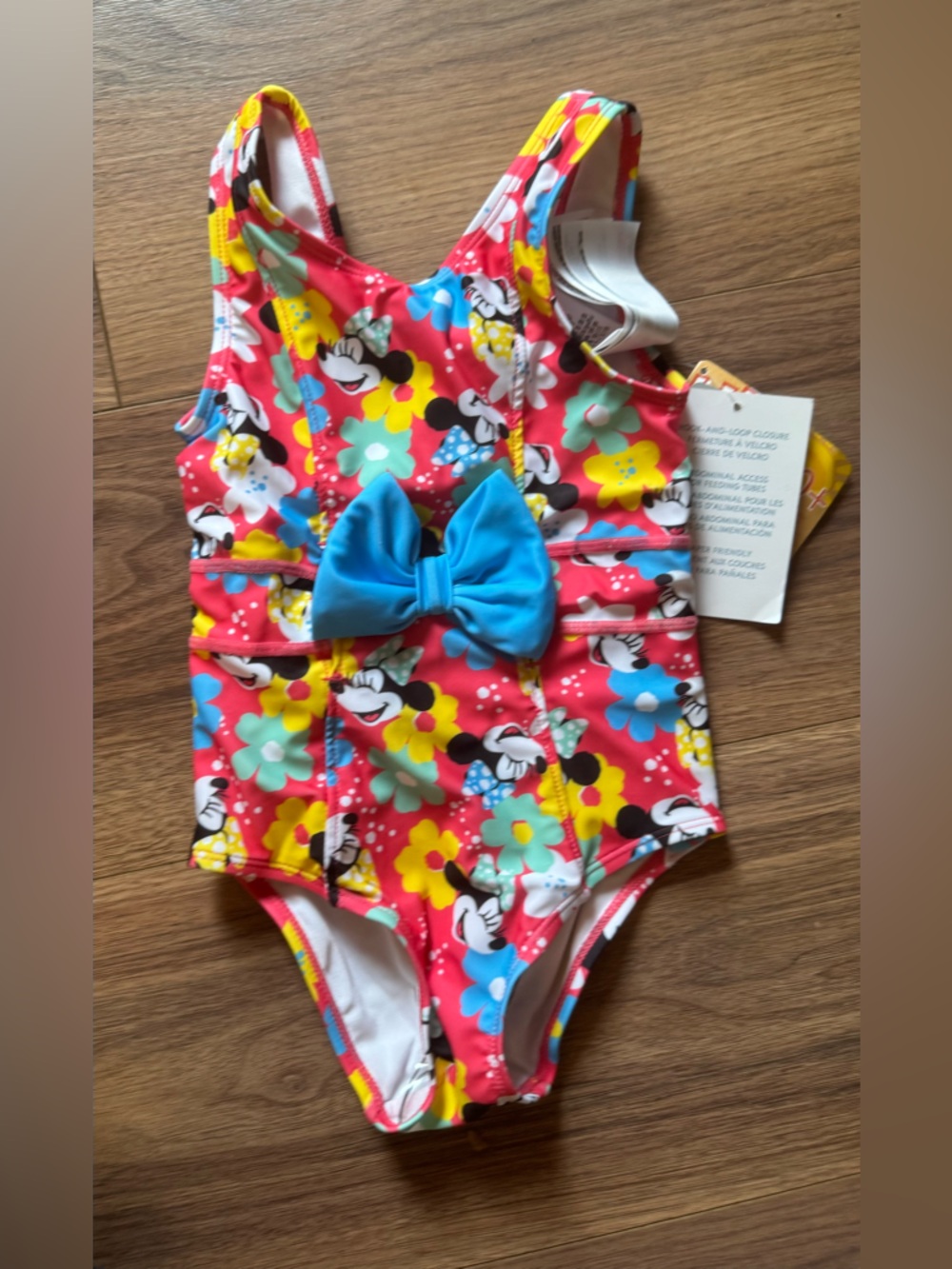 NWT Disney Red Floral Minnie One-Piece Swimsuit with Blue Bow size 2 T - 3T